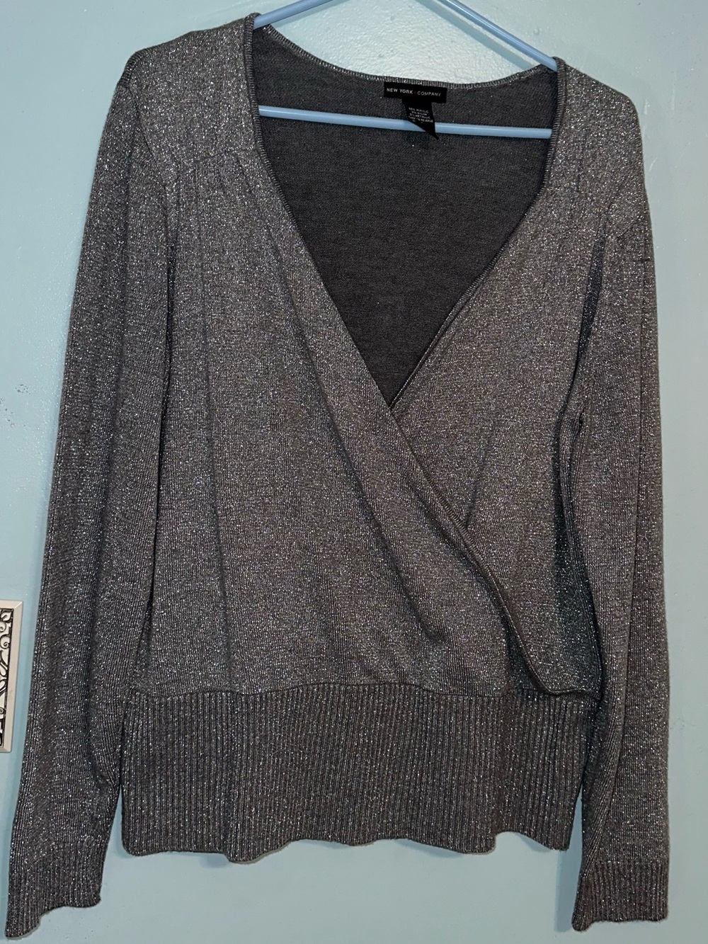 New York & Company Silver Metallic V-Neck Wrap Sweater - Women